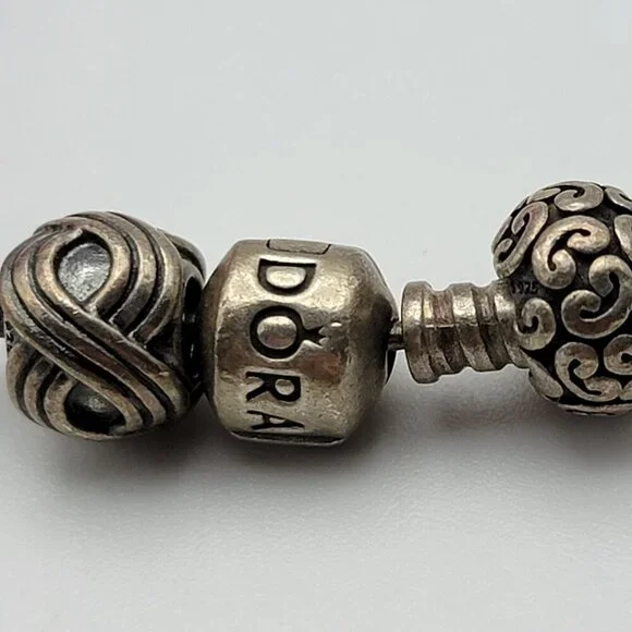 Pandora Brown Woven Leather Bracelet 6" With 3 Sterling Silver Charms All Marked - Picture 4 of 9